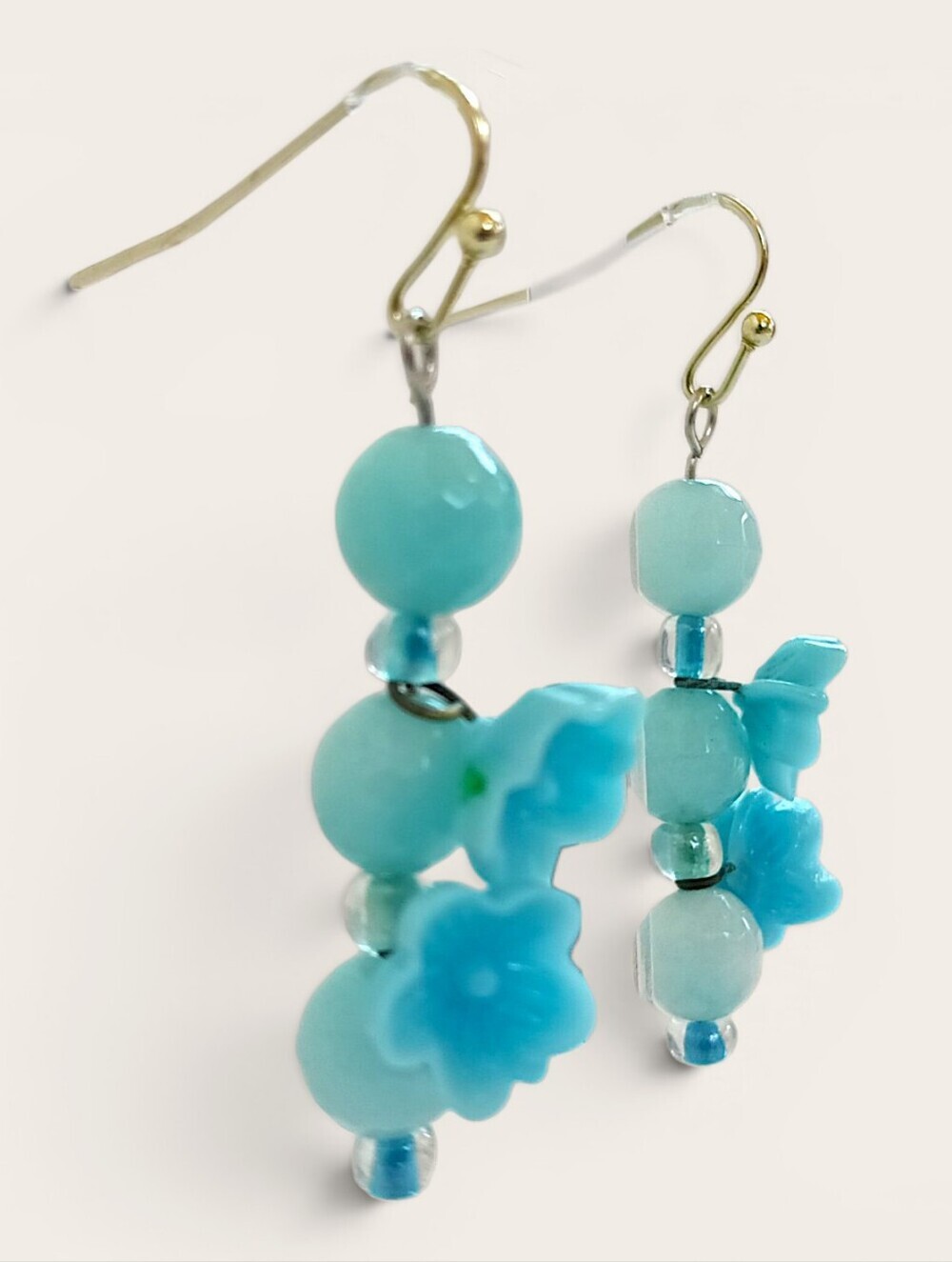 Handcrafted Aqua Blue vtg Flower Bead Dangle Earrings Bell agate garden whimsy